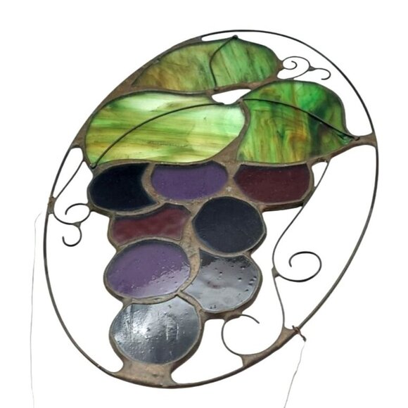 Stained Glass Grape Cluster Oval Suncatcher Fall Wine Studio Art Cottage - Picture 2 of 7